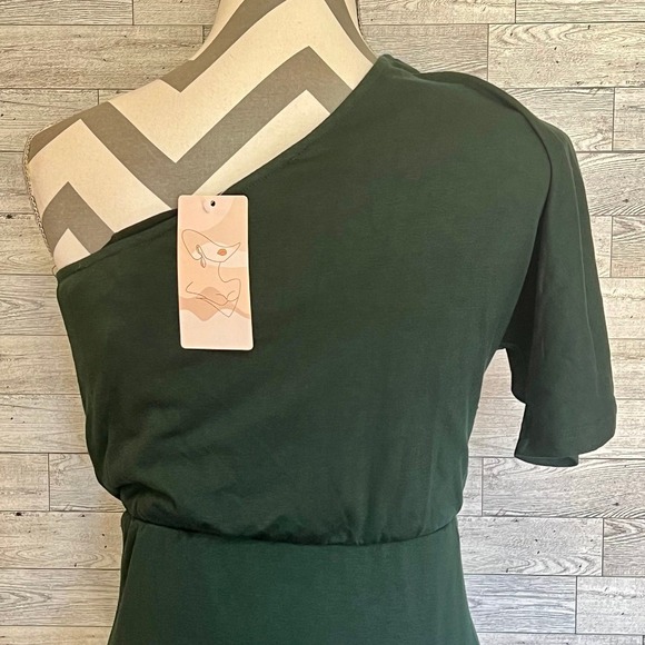 Fashion Womens Small Dark Green One Shoulder Midi Dress Ruched Waist NEW Tags - Picture 6 of 12